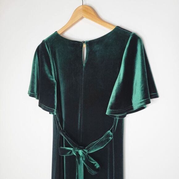 REVELRY Reese Emerald Green Velvet Maxi Dress Size S Flutter Sleeve Sash Belt - Picture 9 of 11